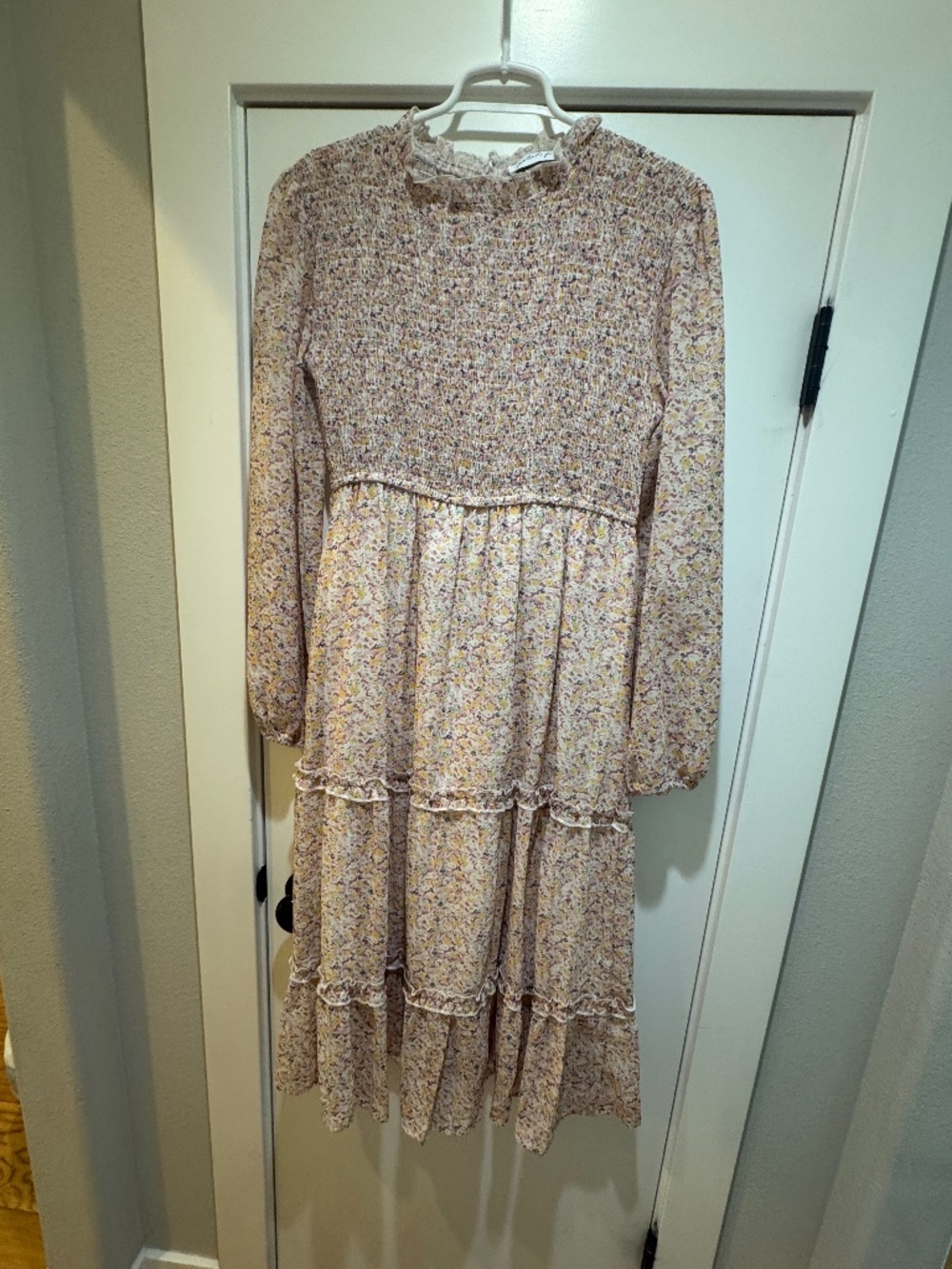 Smocked Floral Tiered Midi Dress in Light Lavender - Women